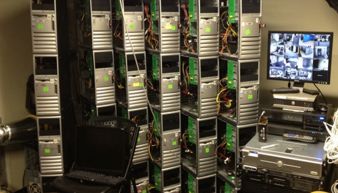 Advanced Bitcoin mining rig operating at full capacity